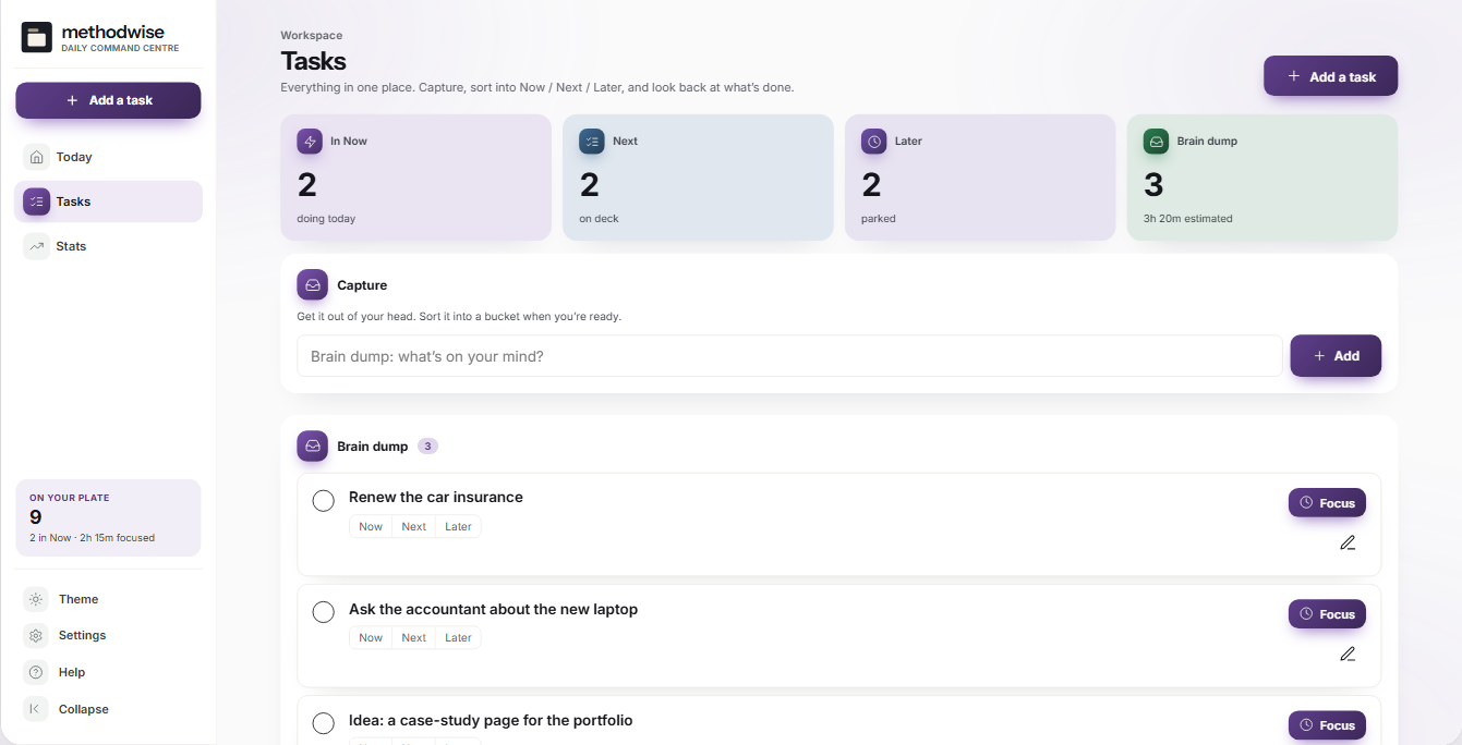 ADHD Daily Command Centre Tasks screen showing the brain dump, Now Next Later totals and focus buttons