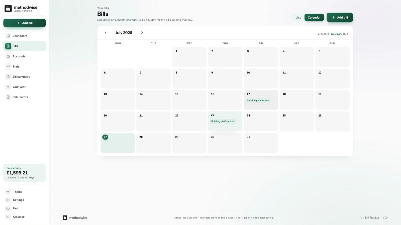 UK Bill Tracker calendar showing household bill due dates and amounts across the month