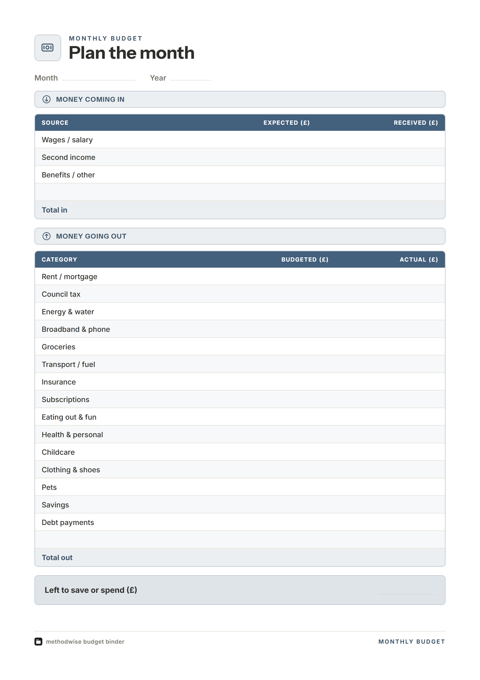 Blank monthly budget sheet as supplied in the download