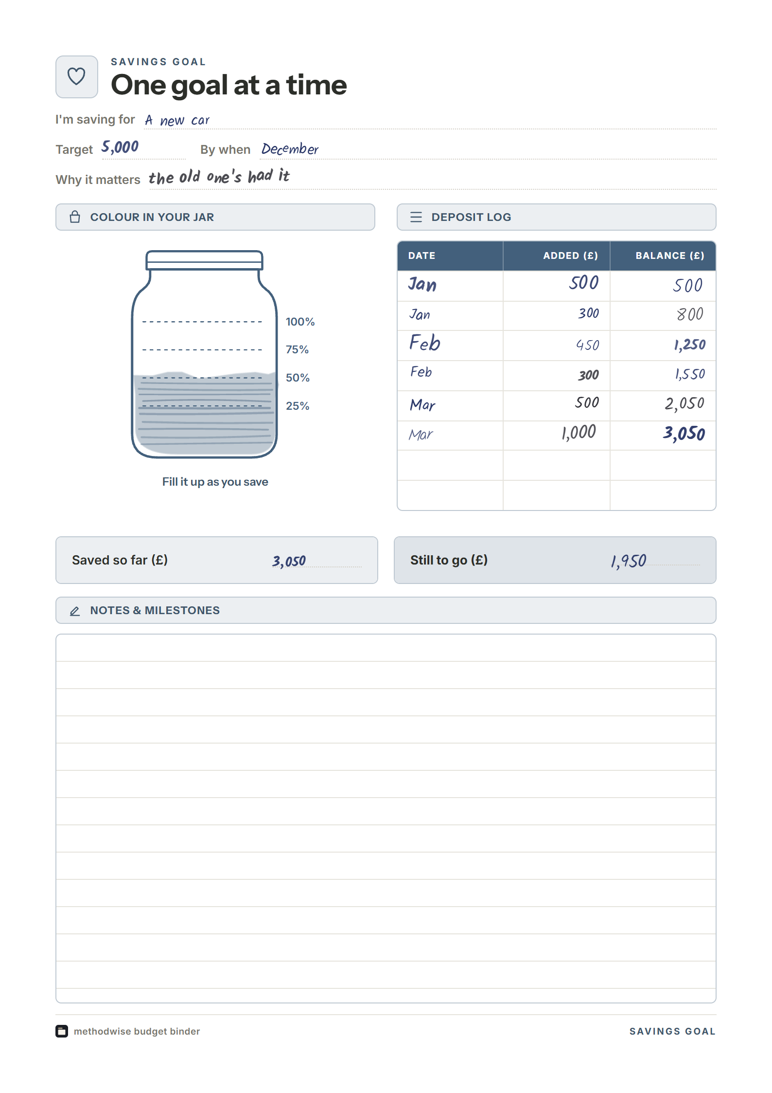 Savings goal printable with a colour-in jar and example handwriting