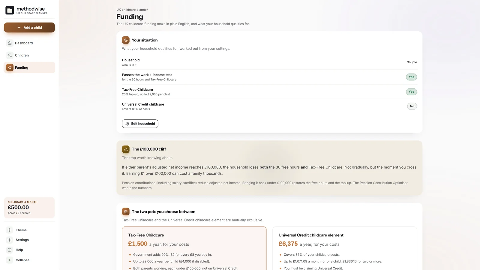 UK Childcare Cost and Funding Planner funding page comparing funded hours, Tax-Free Childcare and Universal Credit childcare support