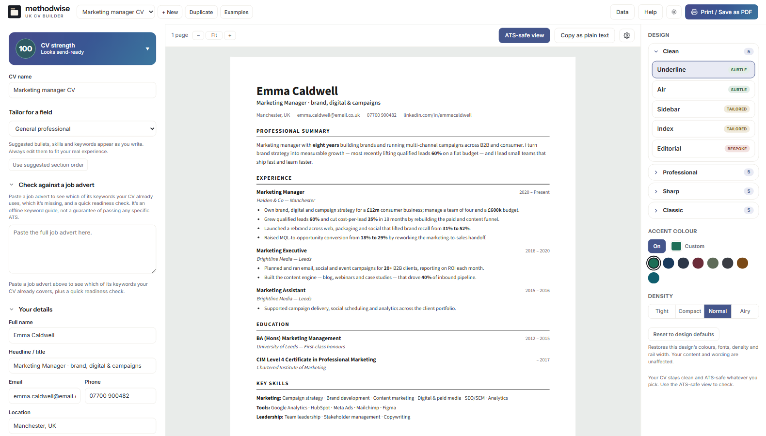 UK CV Builder ATS-safe view showing the same example CV in a plain single-column layout