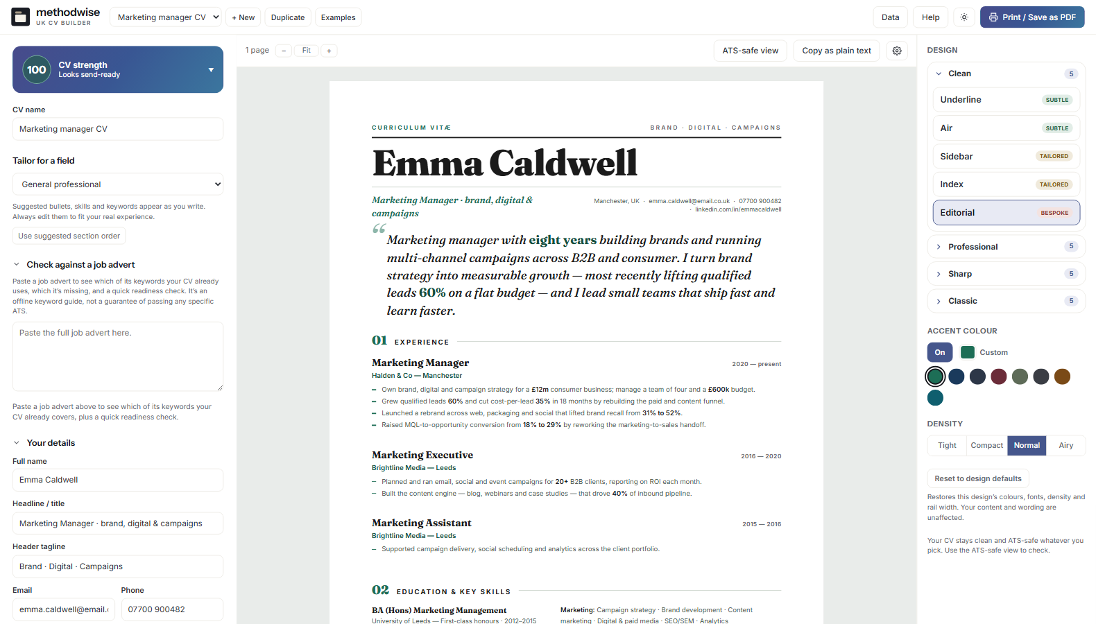 UK CV Builder editor showing the Editorial design, live A4 CV preview, writing fields and design controls