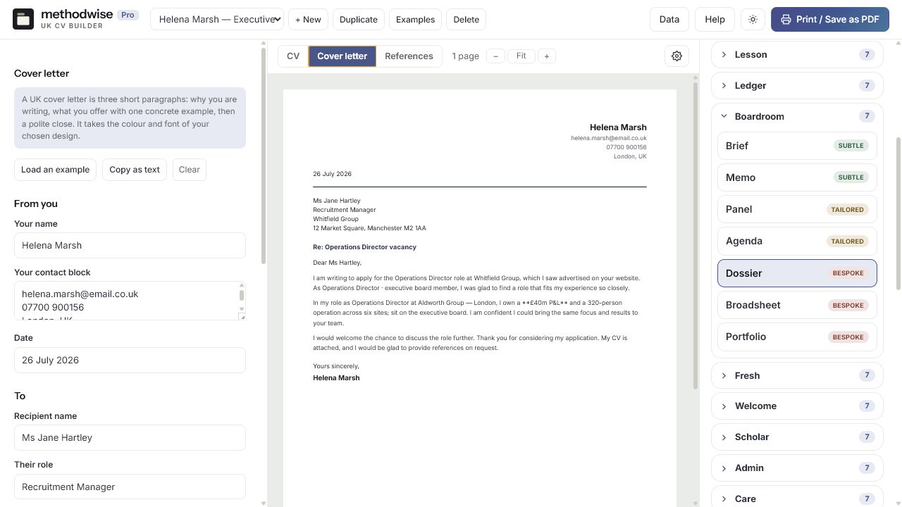 UK CV Builder Pro cover-letter editor showing the guided fields, printable letter preview and matching Boardroom design selection