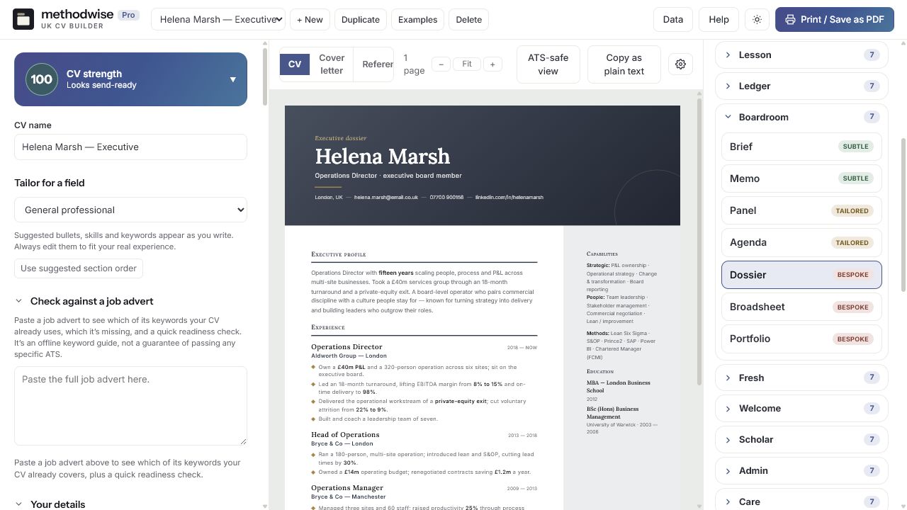 UK CV Builder Pro editor showing CV fields, a live Boardroom CV preview and the profession-based design library