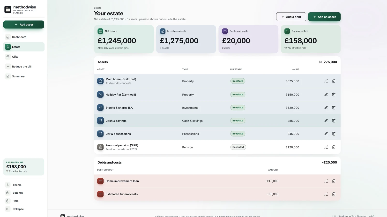 UK Inheritance Tax Planner estate page showing assets, liabilities, relief and estate totals