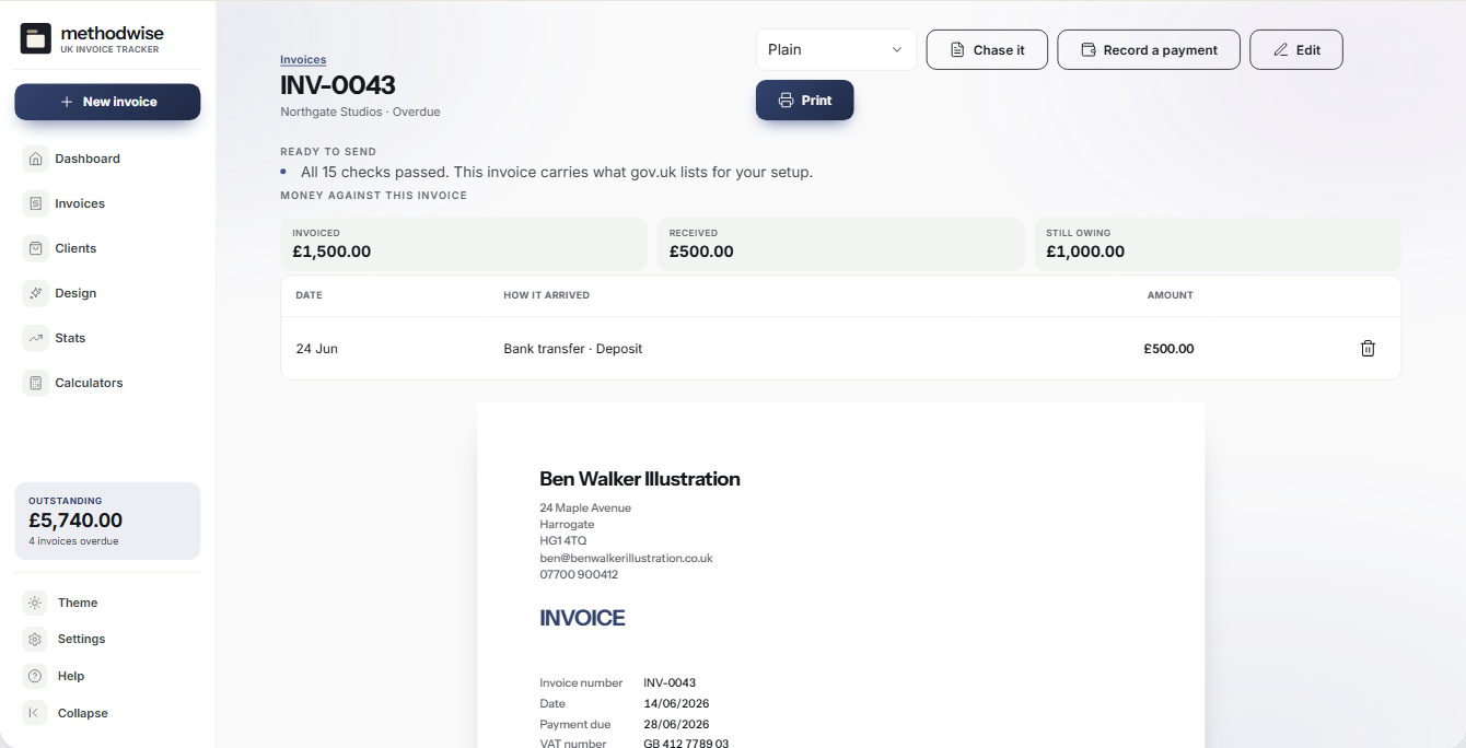 UK Invoice Tracker document view showing an invoice, recorded payment, remaining balance and live requirements check