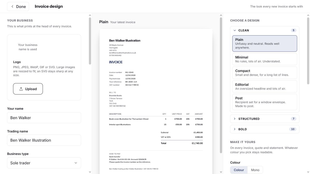 UK Invoice Tracker Pro design studio with business details, a live A4 invoice preview and a grouped list of 22 invoice designs