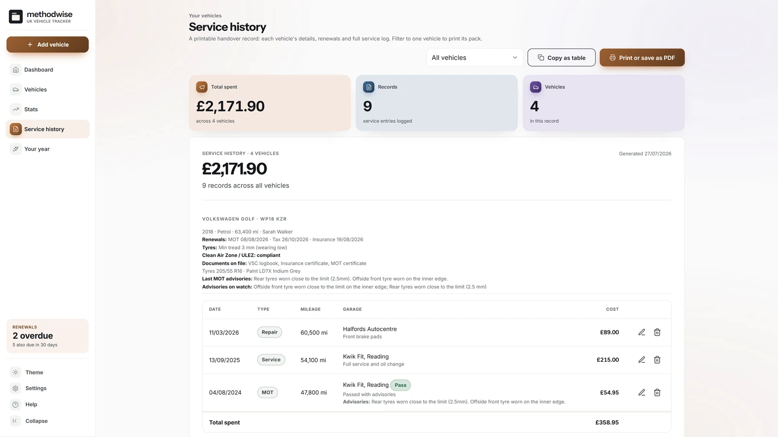 UK MOT and Vehicle Service Tracker printable service-history handover record