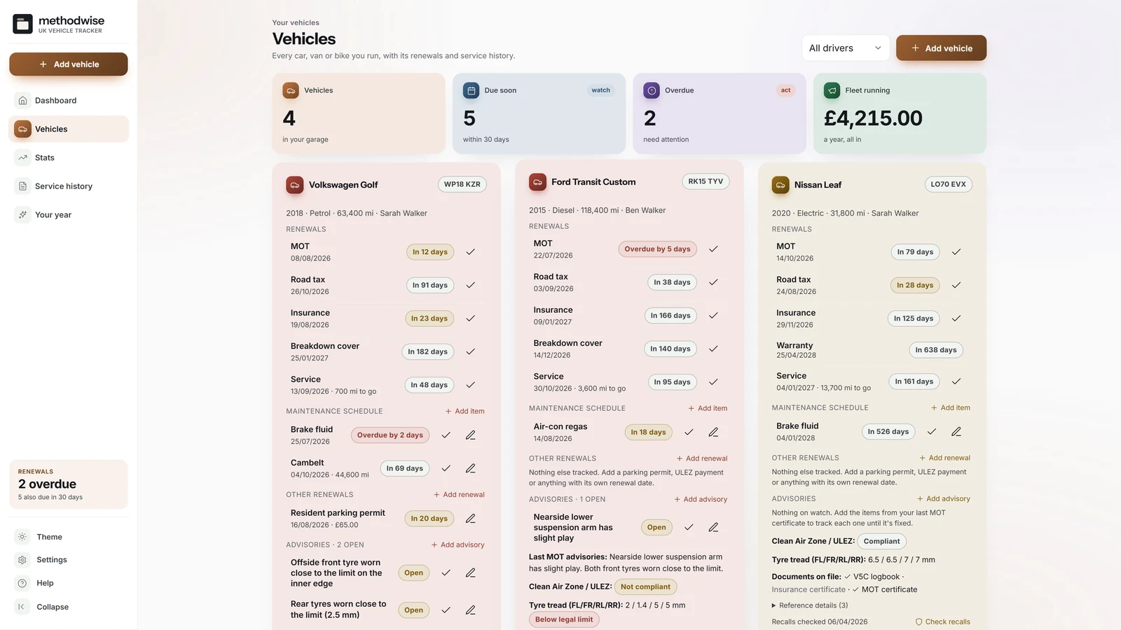 UK MOT and Vehicle Service Tracker vehicles page showing renewal dates, maintenance, advisories and vehicle details