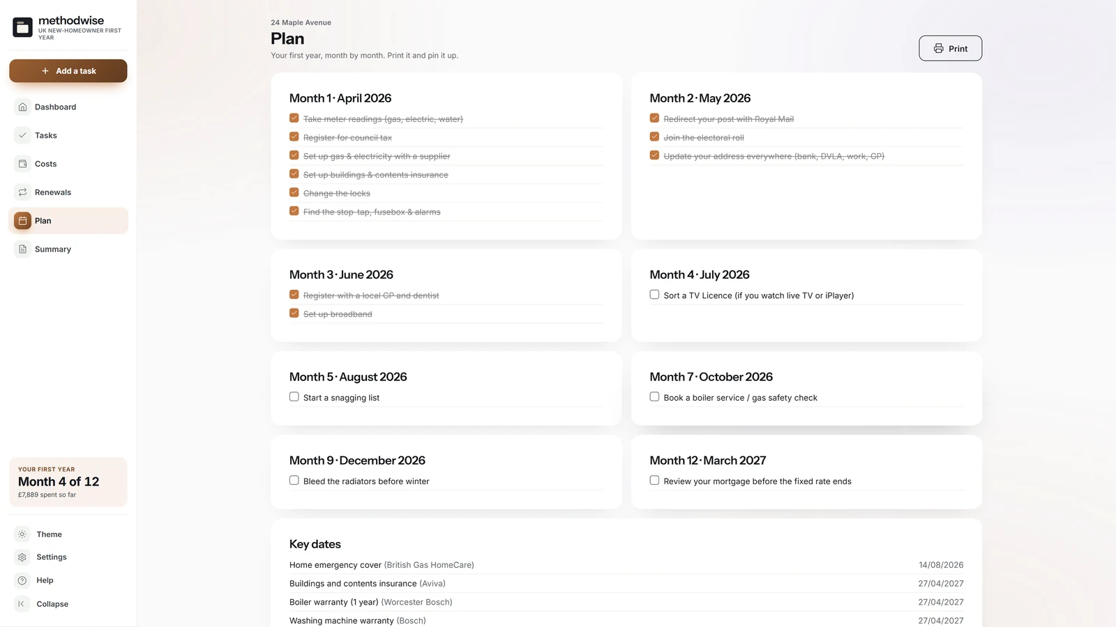 UK New Homeowner First-Year Tracker printable plan showing tasks grouped by month and a list of key dates