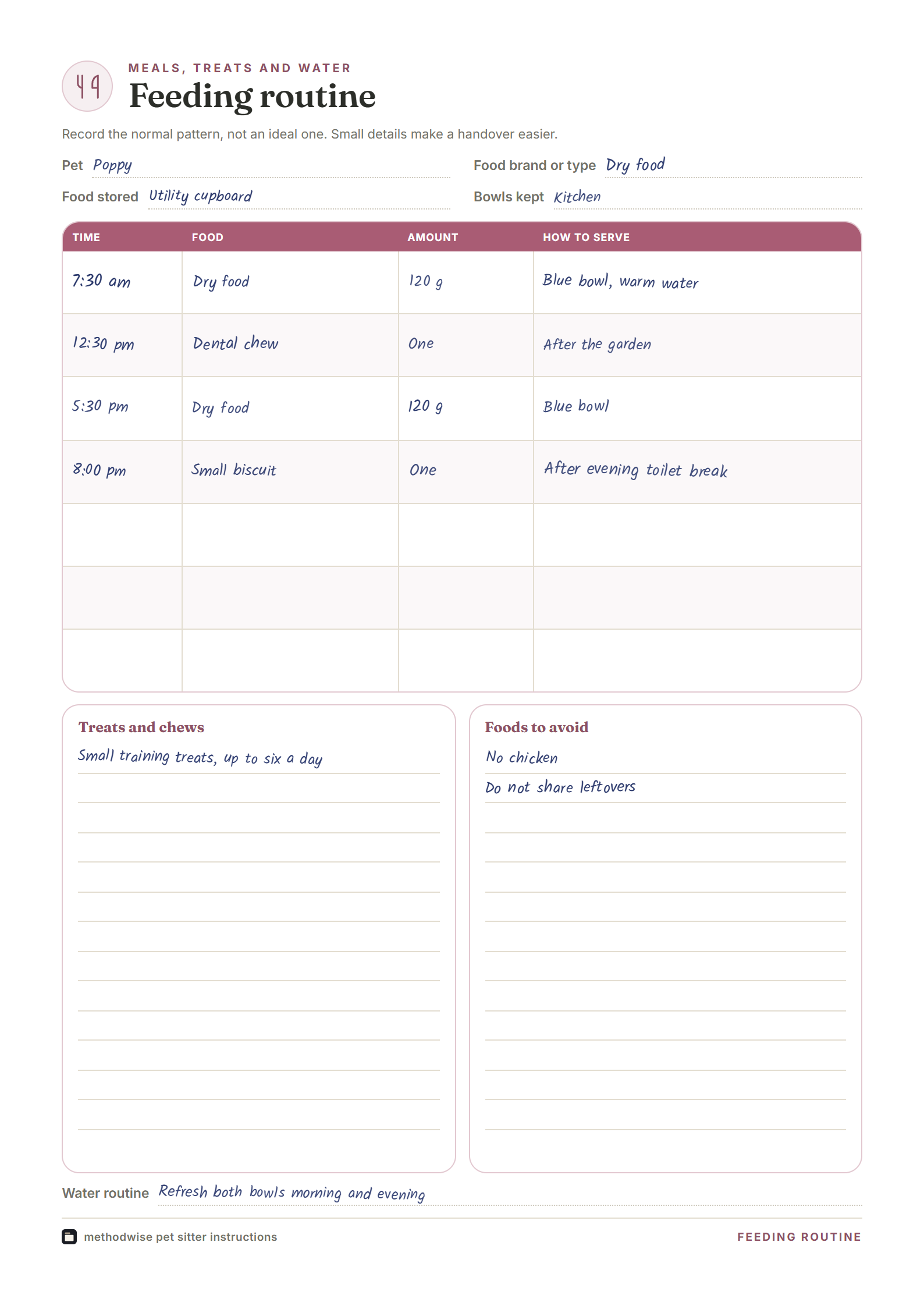 Completed feeding routine example