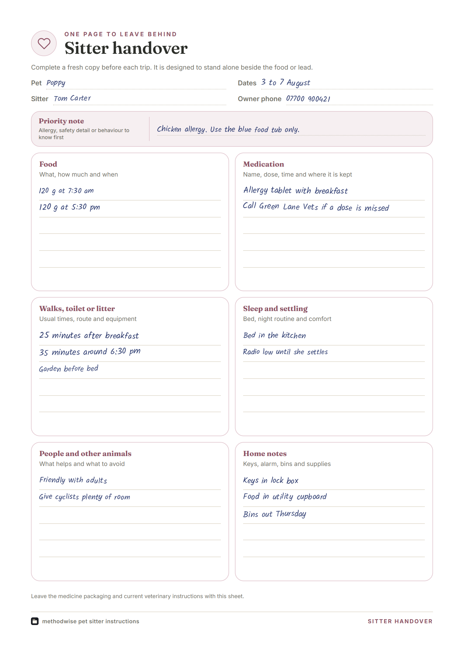 Pet sitter handover sheet with example information