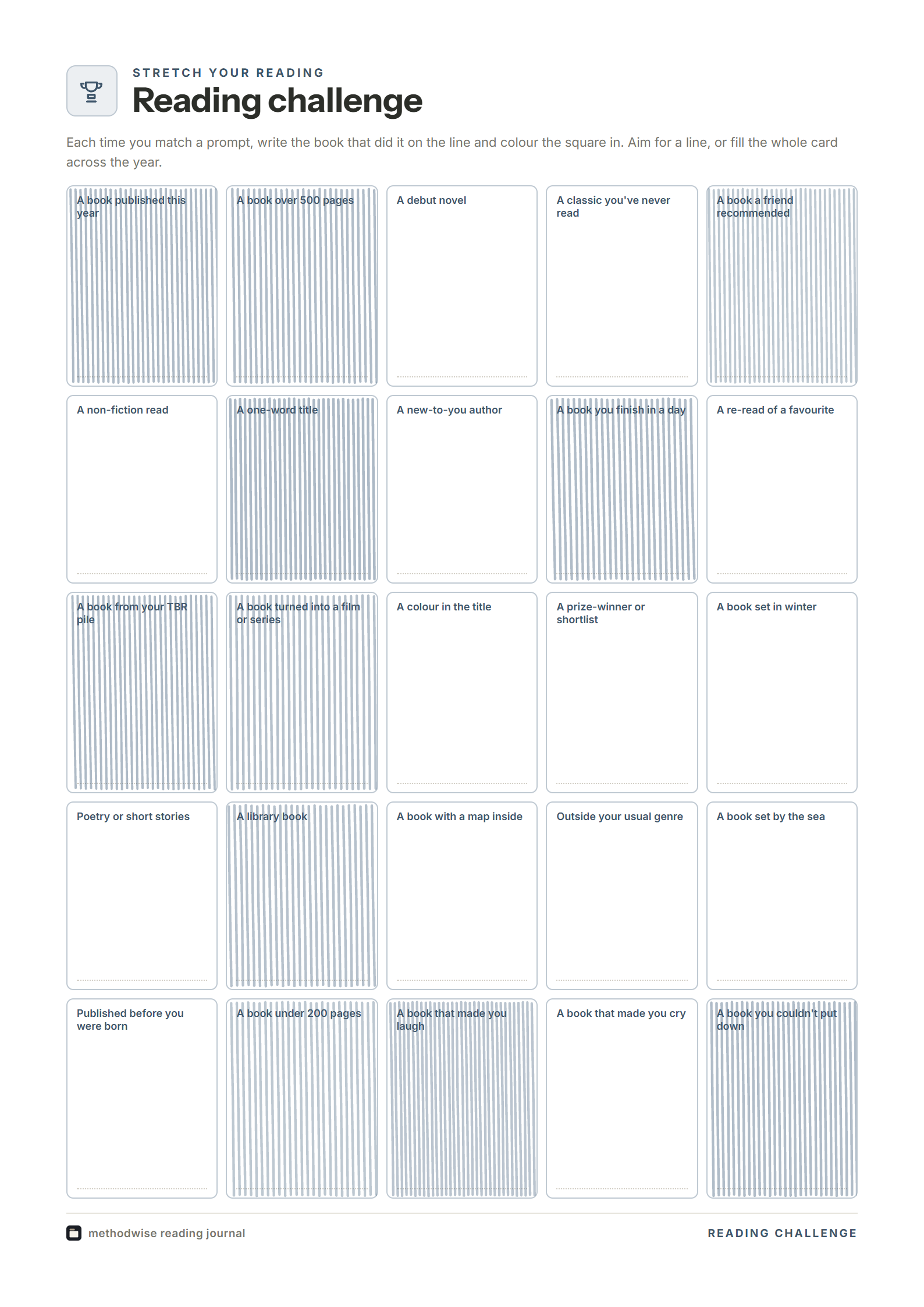 Reading challenge page with example prompt squares coloured in
