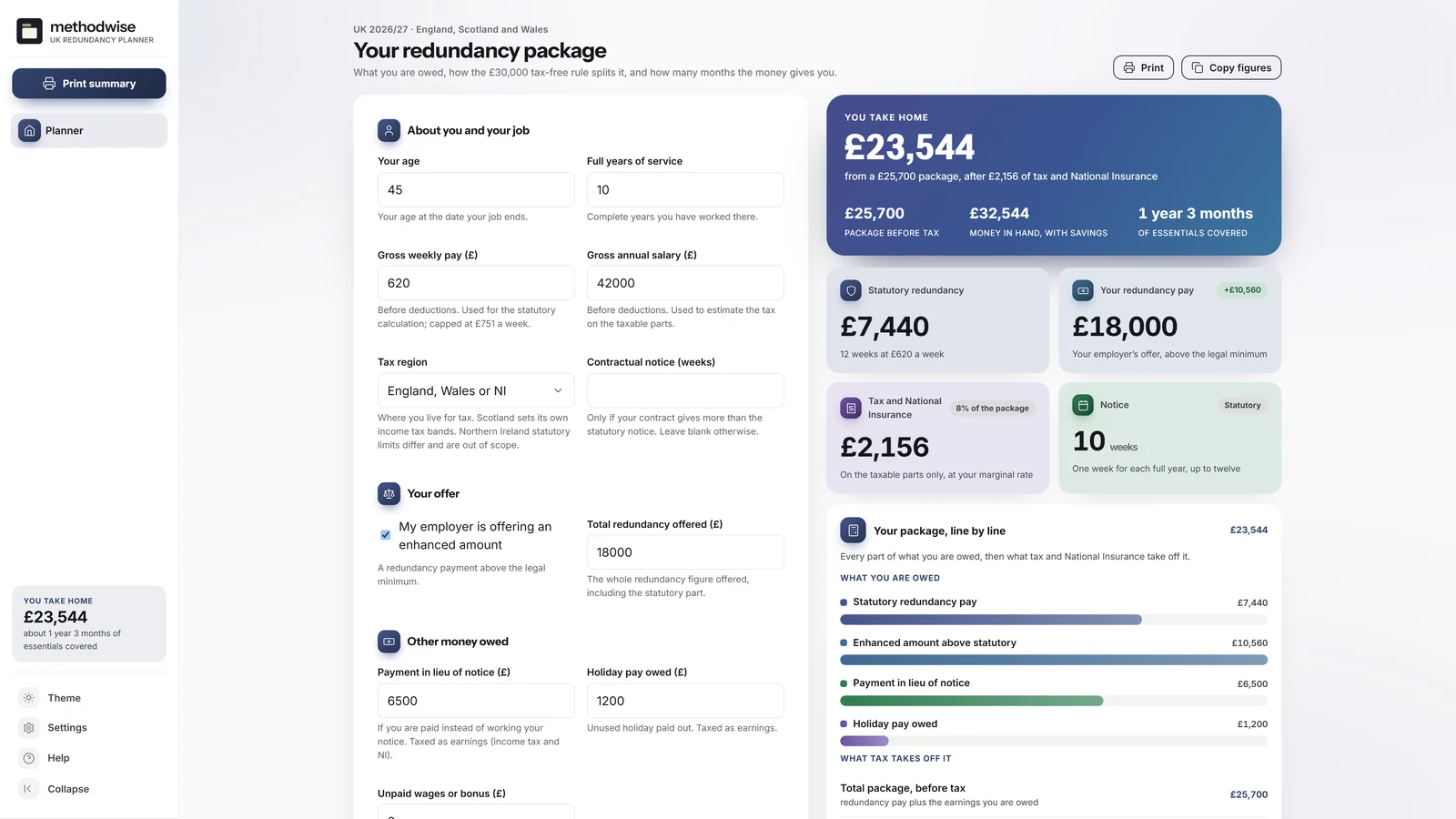 UK Redundancy Planner showing employee inputs, a £23,544 estimated take-home, statutory pay, enhanced pay, tax and notice figures