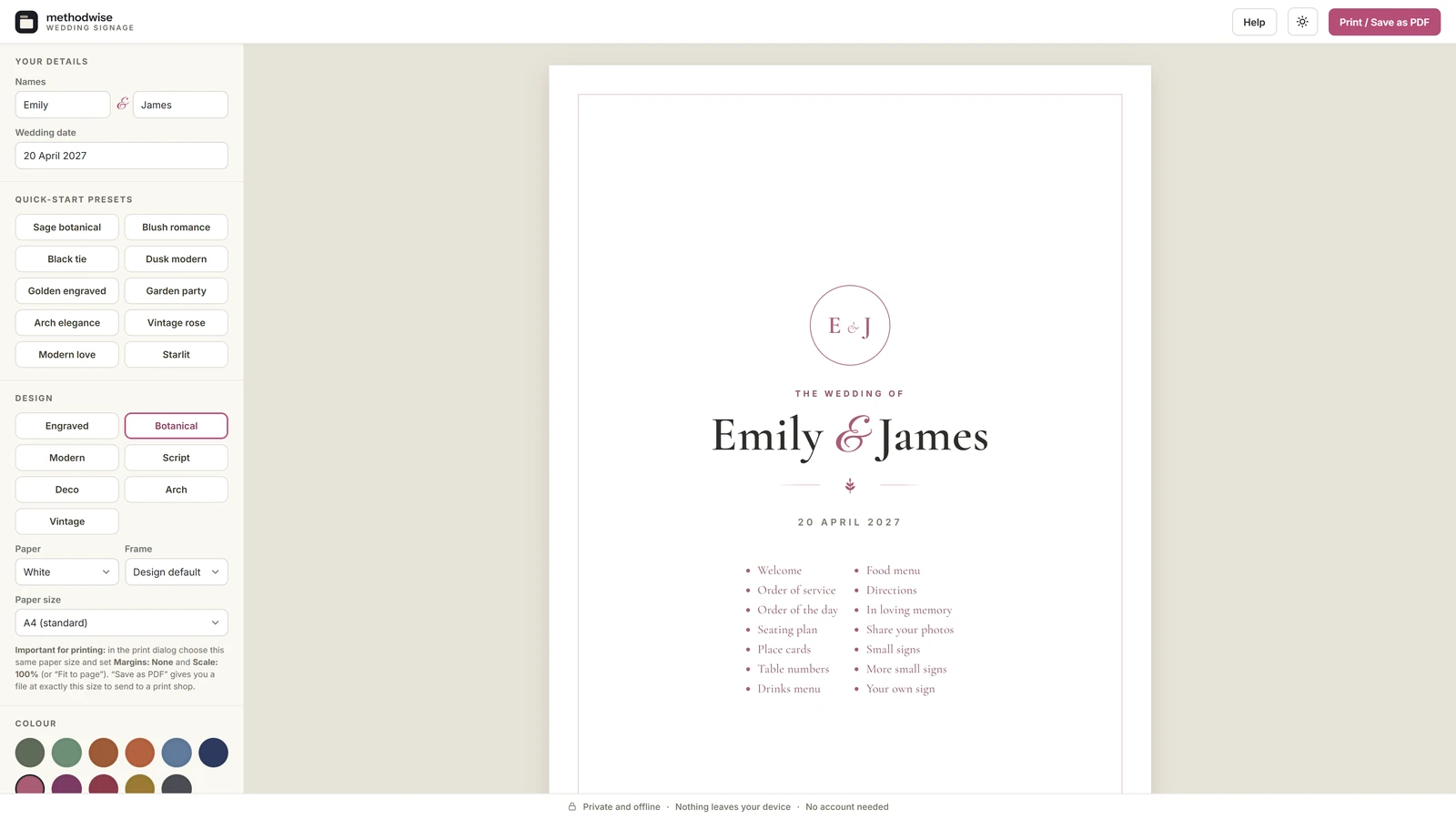 Wedding Signage Maker editor showing Emily and James wedding details, design presets, colour choices and a Botanical cover preview