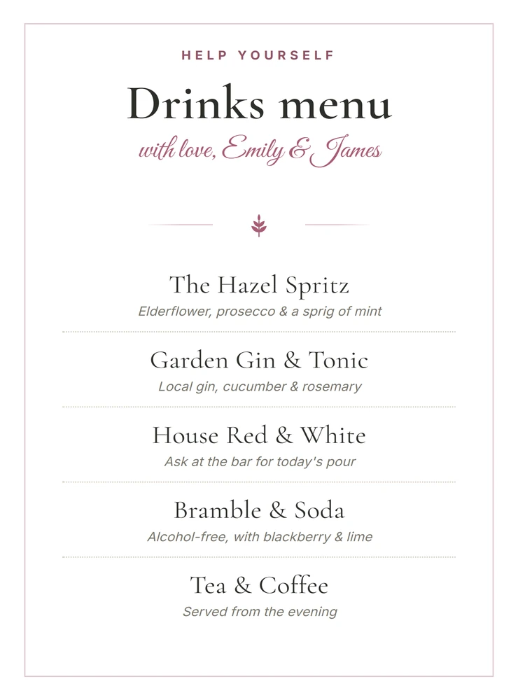 Printable wedding drinks menu in a coordinated botanical design