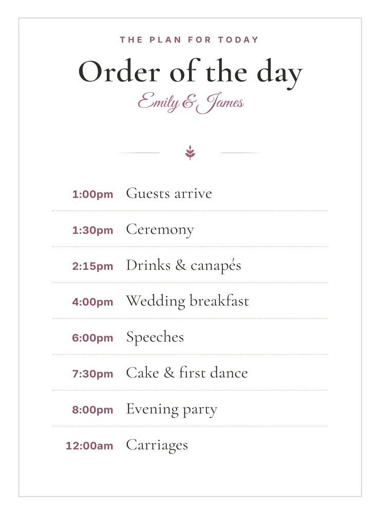 Wedding order of the day sign with timed events