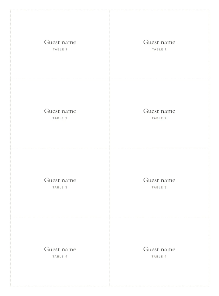 Printable place cards with guest names and table numbers