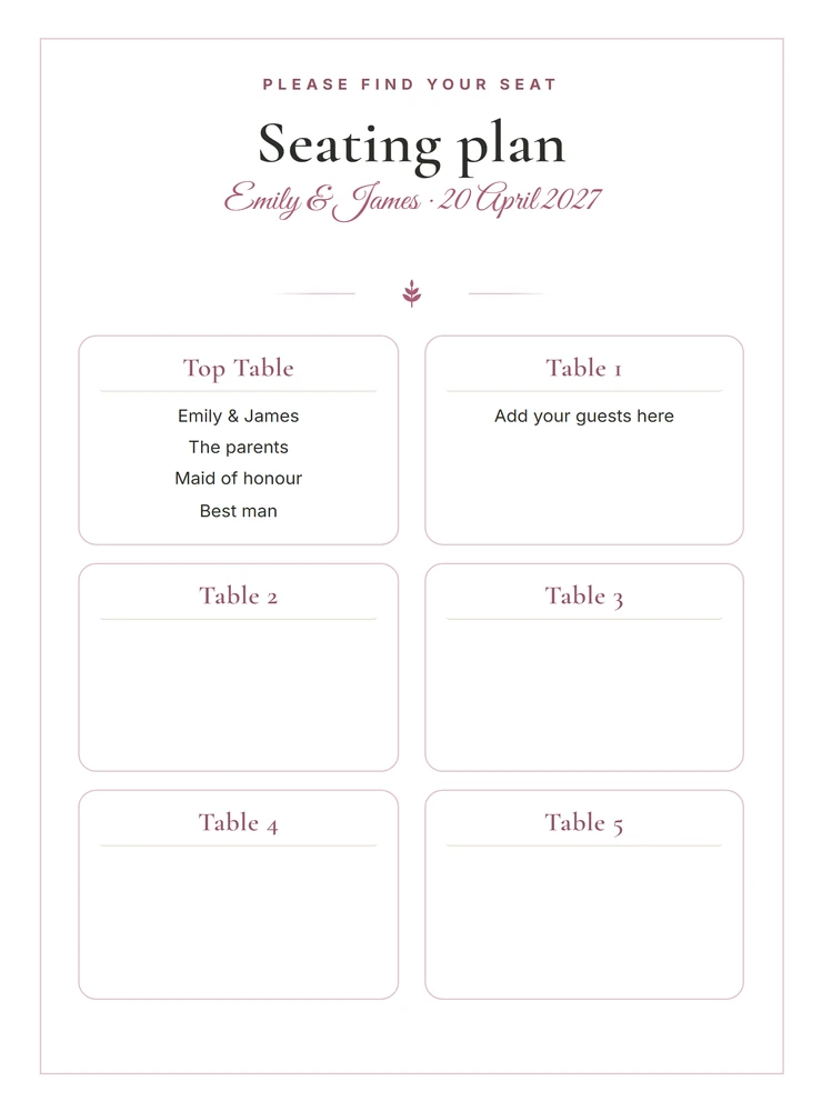 Wedding seating plan arranged by table