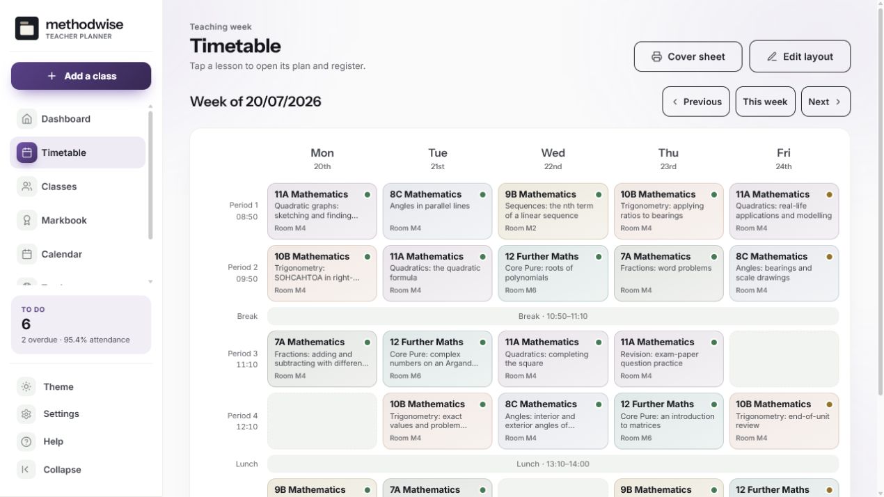 UK Teacher Planner weekly timetable showing classes, lesson topics, rooms and taught or planned status across Monday to Friday