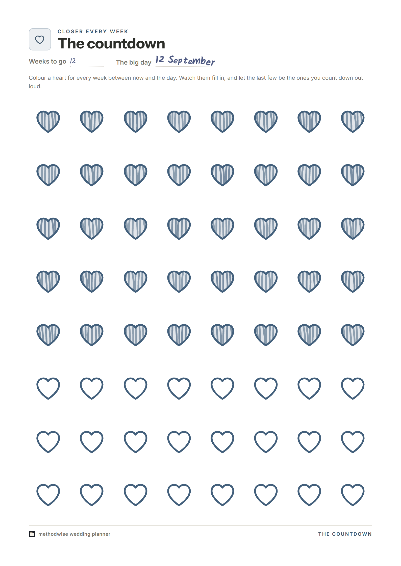 Wedding countdown page with example hearts coloured in