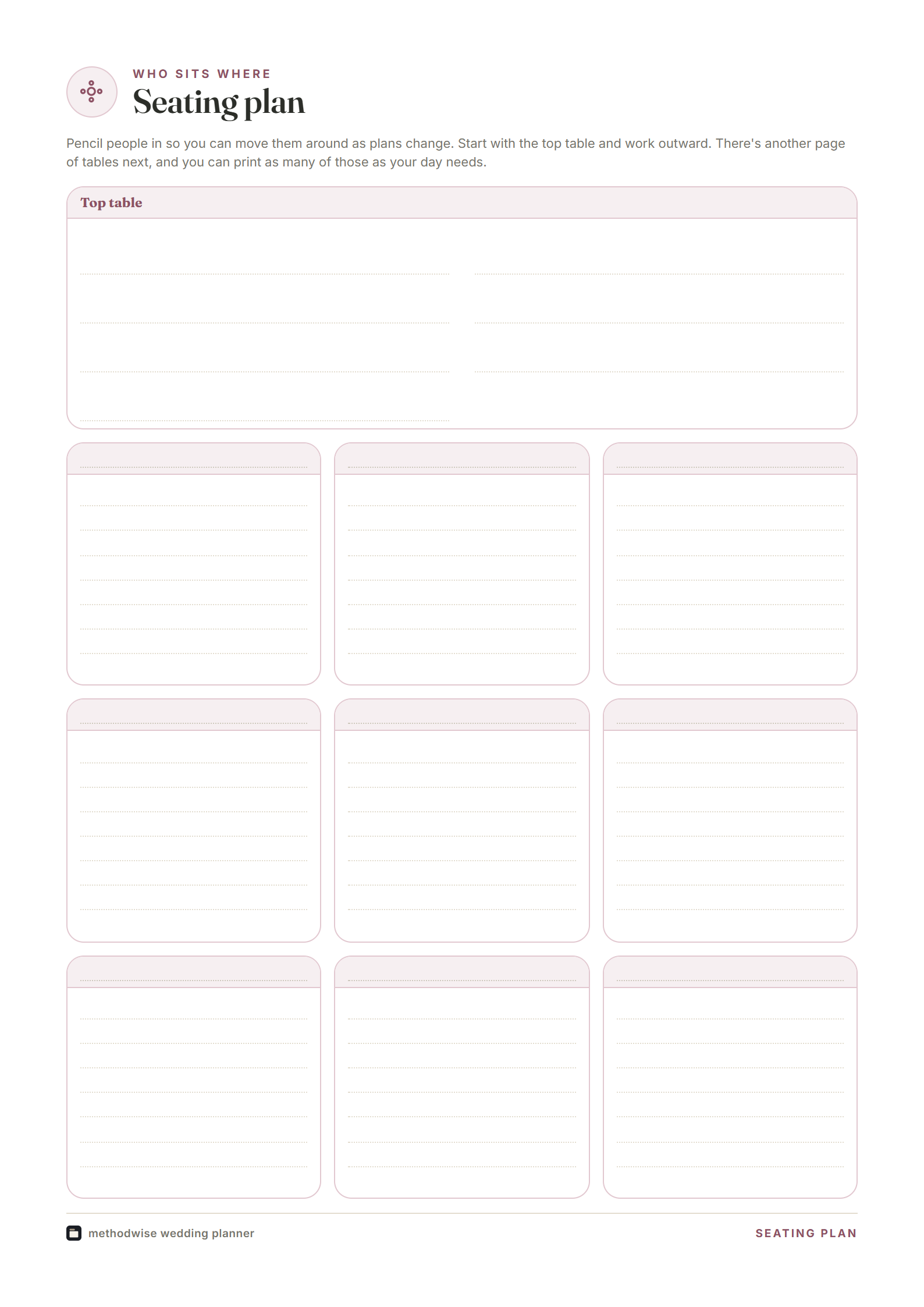 Classic Blush blank wedding seating plan page