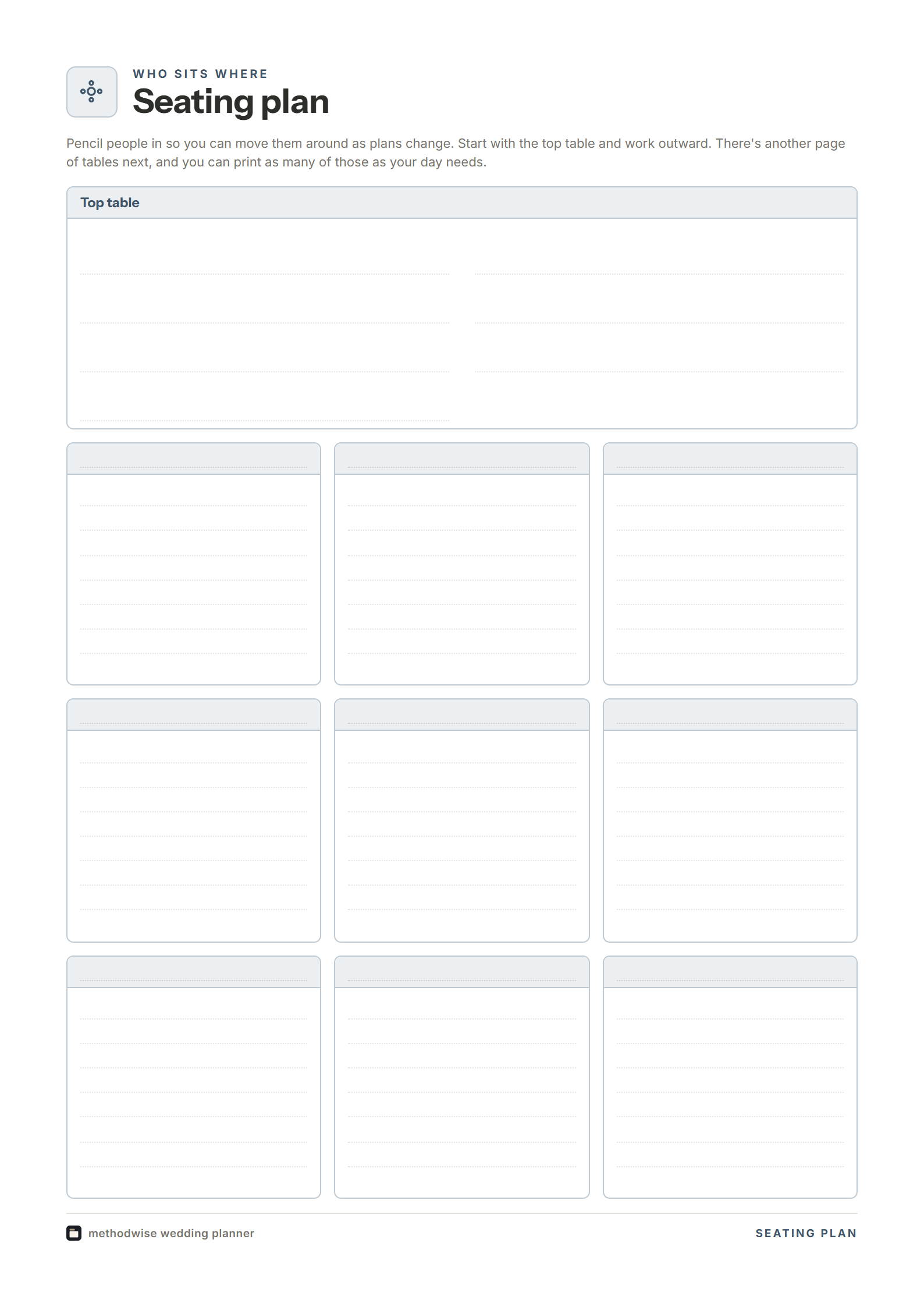 Modern Slate blank wedding seating plan page