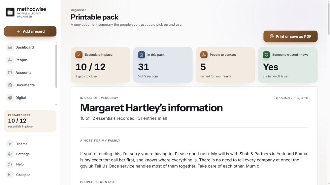 Printable family information pack showing preparedness, people to contact and a personal note for the family